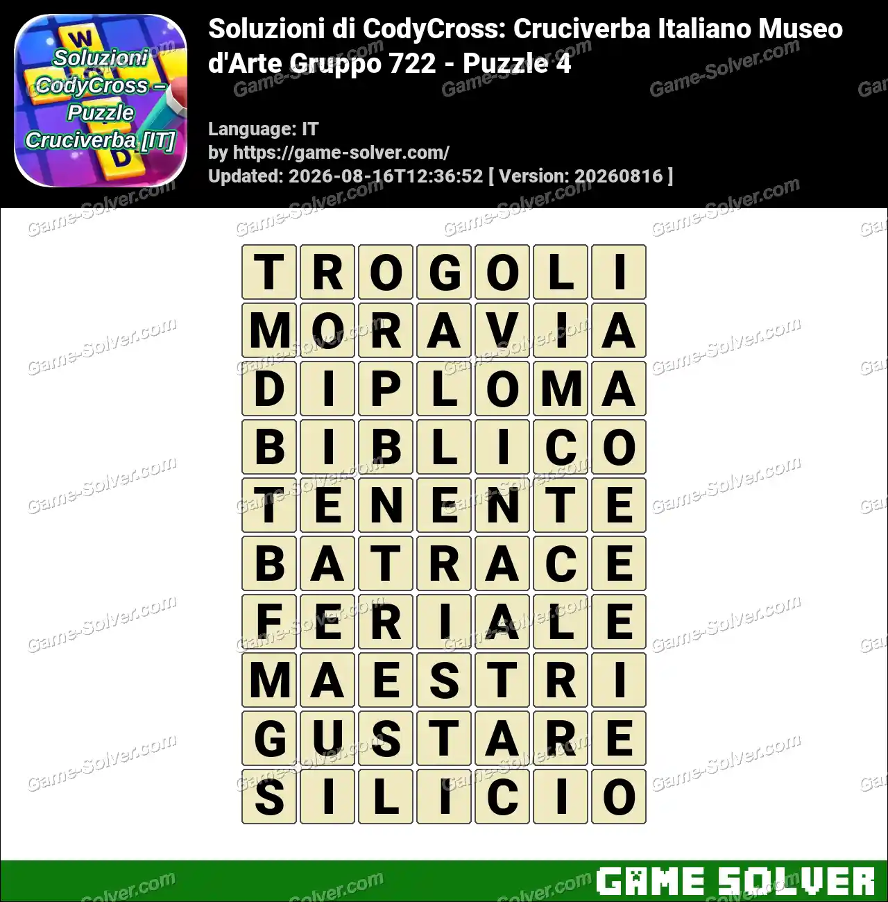 Soluzioni di CodyCross: Cruciverba Italiano Museo d’Arte Gruppo 722 – Puzzle 4